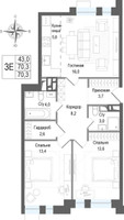 Планировка трехкомнатной(квартира) площадью 70.3 квадратных метров в “ЖК КИНОКВАРТАЛ”