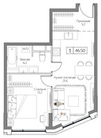 Планировка однокомнатной(квартира) площадью 46 квадратных метров в “ЖК Dream Riva (Дрим Рива)”