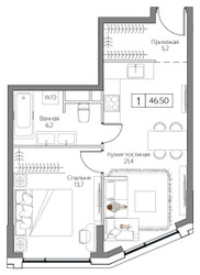 Планировка однокомнатной(квартира) площадью 46 квадратных метров в ЖК “ЖК Dream Riva (Дрим Рива)”