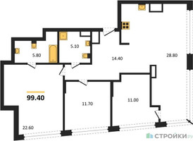 Планировка трехкомнатной(квартира) площадью 99.4 квадратных метров в “ЖК Остров”