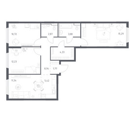 Планировка трехкомнатной(квартира) площадью 76.79 квадратных метров в ЖК “ЖК Пригород Лесное”