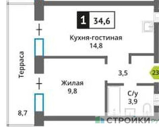 Планировка однокомнатной(квартира) площадью 34.6 квадратных метров в ЖК “ЖК Никольский квартал Отрада”