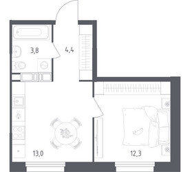 Планировка однокомнатной(квартира) площадью 33.5 квадратных метров в ЖК “ЖК Ольховый Квартал”