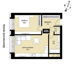 Планировка однокомнатной(квартира) площадью 48.4 квадратных метров в ЖК “ЖК Шелепиха (Cosmopolit)”