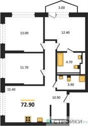 Планировка трехкомнатной(квартира) площадью 72.9 квадратных метров в ЖК “ЖК Символ”