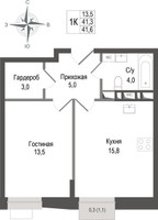 Планировка однокомнатной(квартира) площадью 41.3 квадратных метров в “ЖК КИНОКВАРТАЛ”