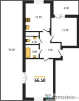Планировка двухкомнатной(квартира) площадью 66.5 квадратных метров в “ЖК ВОСТОК II”