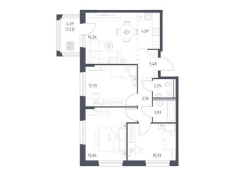 Планировка трехкомнатной(квартира) площадью 72.28 квадратных метров в ЖК “ЖК Прибрежный Парк”