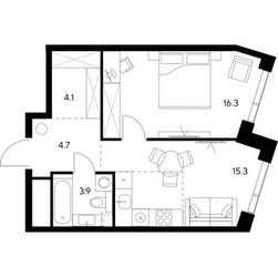 Планировка однокомнатной(квартира) площадью 44.3 квадратных метров в ЖК “ЖК NEXUS by Akvilon (Нексус от Аквилон)”