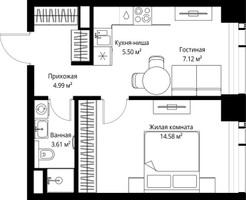 Планировка однокомнатной(квартира) площадью 35.8 квадратных метров в “ЖК Веер”