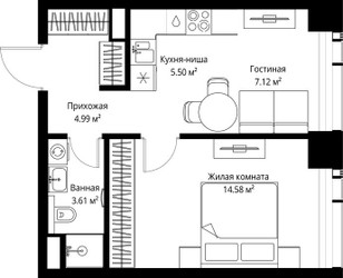 Планировка однокомнатной(квартира) площадью 35.8 квадратных метров в ЖК “ЖК Веер”