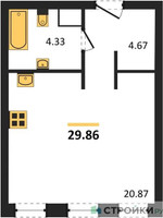 Планировка студии(апартаменты) площадью 29.86 квадратных метров в “ЖК Insider (Инсайдер)”