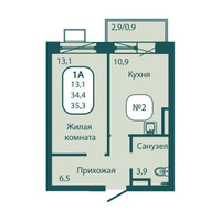 Планировка однокомнатной(квартира) площадью 35.3 квадратных метров в “ЖК Андреевка Life (Андреевка Лайф)”