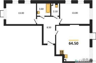 Планировка двухкомнатной(квартира) площадью 64.5 квадратных метров в “ЖК Лучи-2”