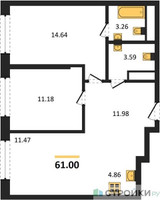 Планировка двухкомнатной(квартира) площадью 61 квадратных метров в “ЖК Self (Селф)”