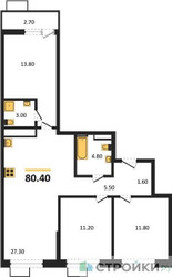 Планировка трехкомнатной(квартира) площадью 80.4 квадратных метров в ЖК “ЖК Скандинавия”