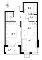 Планировка двухкомнатной(квартира) площадью 48.1 квадратных метров в “ЖК 1-й Саларьевский (Первый Саларьевский)”