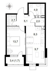 Планировка двухкомнатной(квартира) площадью 48.1 квадратных метров в ЖК “ЖК 1-й Саларьевский (Первый Саларьевский)”