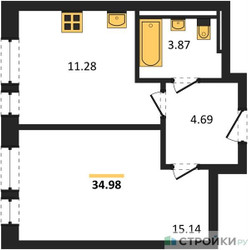 Планировка однокомнатной(квартира) площадью 34.98 квадратных метров в ЖК “ЖК Квартал Авиаторов”