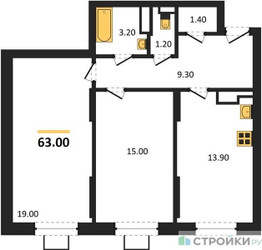 Планировка двухкомнатной(квартира) площадью 63 квадратных метров в ЖК “ЖК Видный берег 2”