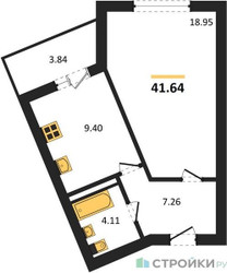 Планировка однокомнатной(квартира) площадью 41.64 квадратных метров в ЖК “ЖК Домодедово Парк”