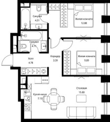 Планировка двухкомнатной(квартира) площадью 62.49 квадратных метров в ЖК “ЖК Сити Бэй”