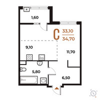 Планировка студии(квартира) площадью 34.7 квадратных метров в “ЖК Новое Летово”