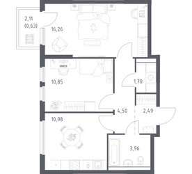 Планировка двухкомнатной(квартира) площадью 51.45 квадратных метров в ЖК “ЖК Пригород Лесное”