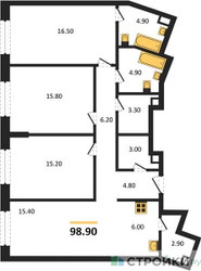 Планировка трехкомнатной(квартира) площадью 98.9 квадратных метров в ЖК “ЖК Родина Переделкино”