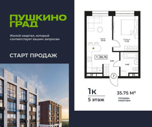 Планировка однокомнатной(квартира) площадью 35.75 квадратных метров в ЖК “ЖК Пушкино Град”