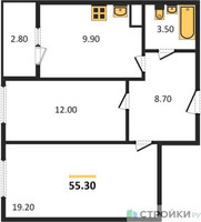 Планировка двухкомнатной(квартира) площадью 55.3 квадратных метров в “ЖК Карамельный”