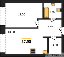 Планировка однокомнатной(квартира) площадью 37.9 квадратных метров в “ЖК Portland (Портланд)”