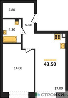 Планировка однокомнатной(квартира) площадью 43.5 квадратных метров в “ЖК Шагал”