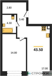 Планировка однокомнатной(квартира) площадью 43.5 квадратных метров в ЖК “ЖК Шагал”