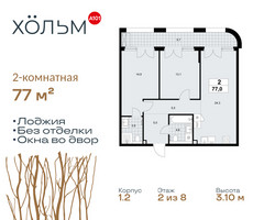 Планировка двухкомнатной(квартира) площадью 77 квадратных метров в “ЖК Хольм”