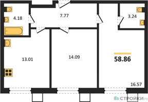 Планировка двухкомнатной(квартира) площадью 58.86 квадратных метров в “ЖК Бархат”