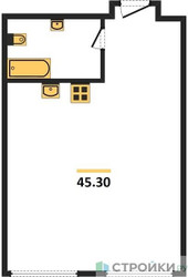 Планировка однокомнатной(апартаменты) площадью 45.3 квадратных метров в ЖК “ЖК Nametkin Tower (Наметкин Тауэр)”