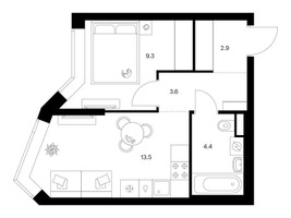 Планировка однокомнатной(квартира) площадью 33.7 квадратных метров в “ЖК Мичуринский Парк”