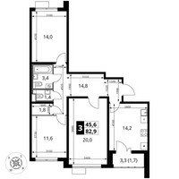 Планировка трехкомнатной(квартира) площадью 83 квадратных метров в “ЖК ЮЖНАЯ БИТЦА”