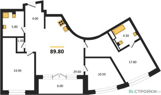 Планировка трехкомнатной(квартира) площадью 89.8 квадратных метров в “ЖК Остров”