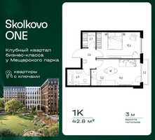 Планировка однокомнатной(квартира) площадью 42.8 квадратных метров в “ЖК Skolkovo ONE (Сколково Уан)”