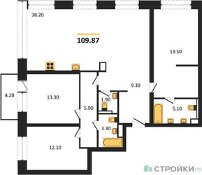 Планировка трехкомнатной(квартира) площадью 109.87 квадратных метров в ЖК “ЖК Republic (Репаблик)”