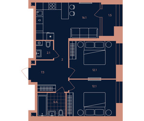 Планировка трехкомнатной(квартира) площадью 58.2 квадратных метров в ЖК “Квартал Эра”