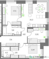 Планировка трехкомнатной(квартира) площадью 96.29 квадратных метров в “ЖК Upside Towers (Апсайд Тауэрс)”