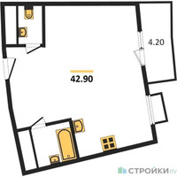 Планировка однокомнатной(квартира) площадью 42.9 квадратных метров в “ЖК Римский”