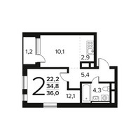 Планировка двухкомнатной(квартира) площадью 36 квадратных метров в “Новые Ватутинки. Заречный”