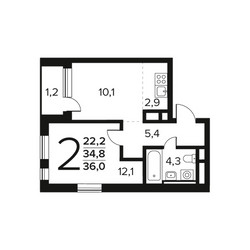 Планировка двухкомнатной(квартира) площадью 36 квадратных метров в ЖК “Новые Ватутинки. Заречный”