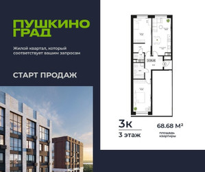 Планировка трехкомнатной(квартира) площадью 68.68 квадратных метров в ЖК “ЖК Пушкино Град”