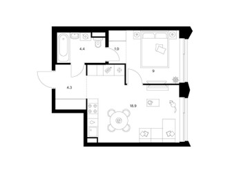 Планировка однокомнатной(квартира) площадью 38.5 квадратных метров в ЖК “ЖК Матвеевский парк”