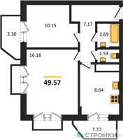 Планировка двухкомнатной(квартира) площадью 49.57 квадратных метров в “ЖК ВОСТОК II”